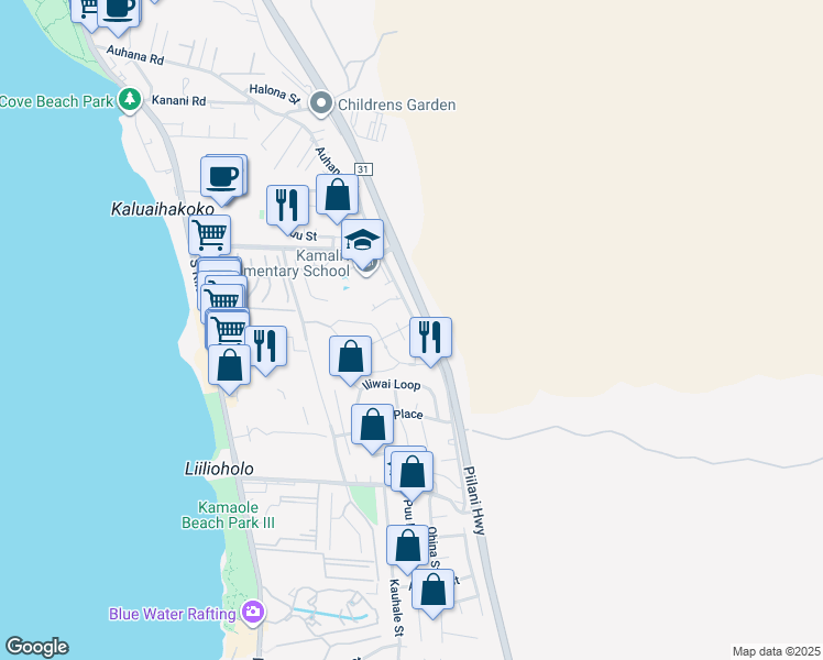 map of restaurants, bars, coffee shops, grocery stores, and more near 18 North Kukui Place in Kihei