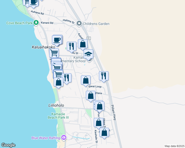map of restaurants, bars, coffee shops, grocery stores, and more near 69 Laukahi Street in Kihei