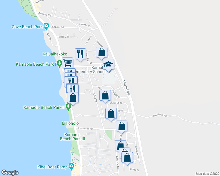 map of restaurants, bars, coffee shops, grocery stores, and more near 56 Laukahi Street in Kihei