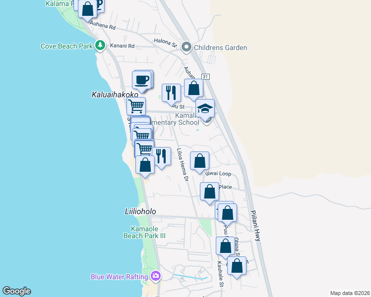 map of restaurants, bars, coffee shops, grocery stores, and more near 34 Moana Avenue in Kihei