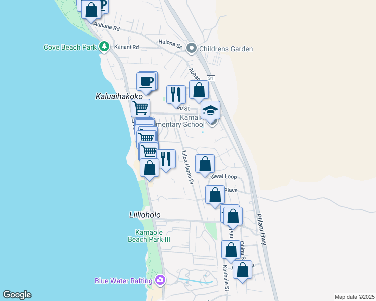 map of restaurants, bars, coffee shops, grocery stores, and more near 34 Moana Avenue in Kihei