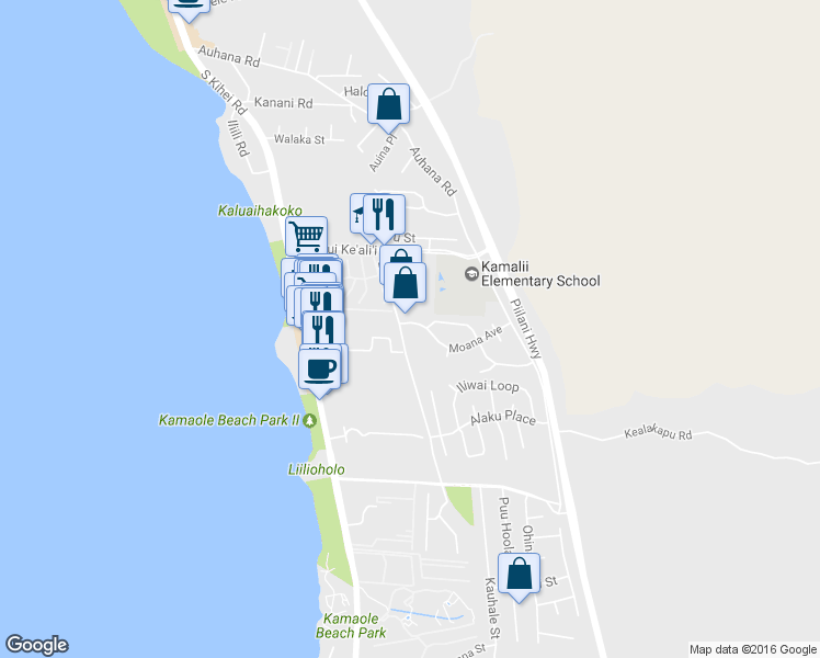 map of restaurants, bars, coffee shops, grocery stores, and more near 34 Moana Avenue in Kihei