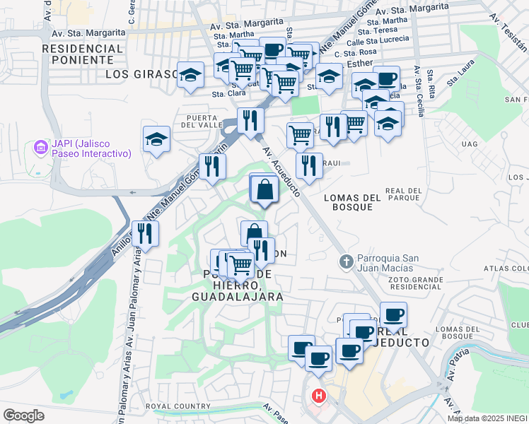 map of restaurants, bars, coffee shops, grocery stores, and more near 5065 Boulevard Puerta de Hierro in Zapopan