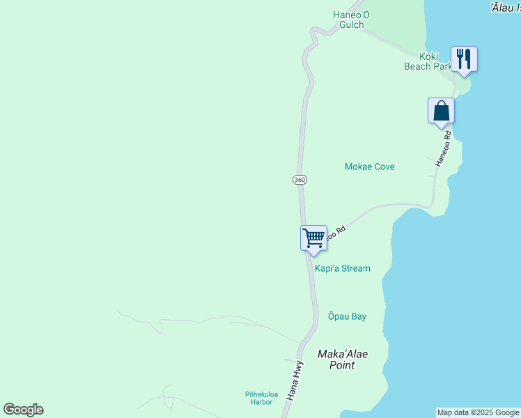 map of restaurants, bars, coffee shops, grocery stores, and more near Hana Highway in Maui County