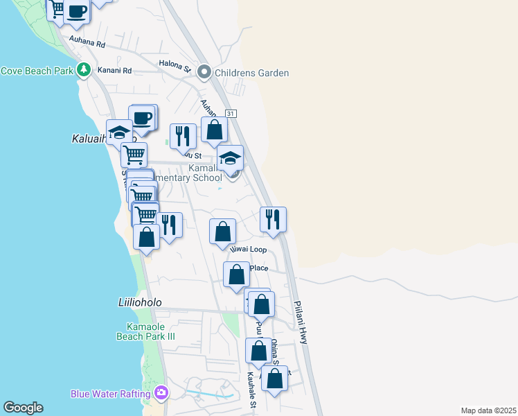 map of restaurants, bars, coffee shops, grocery stores, and more near 18 North Kukui Place in Kihei