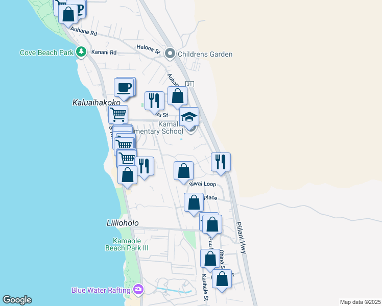 map of restaurants, bars, coffee shops, grocery stores, and more near 45 Laukahi Street in Kihei