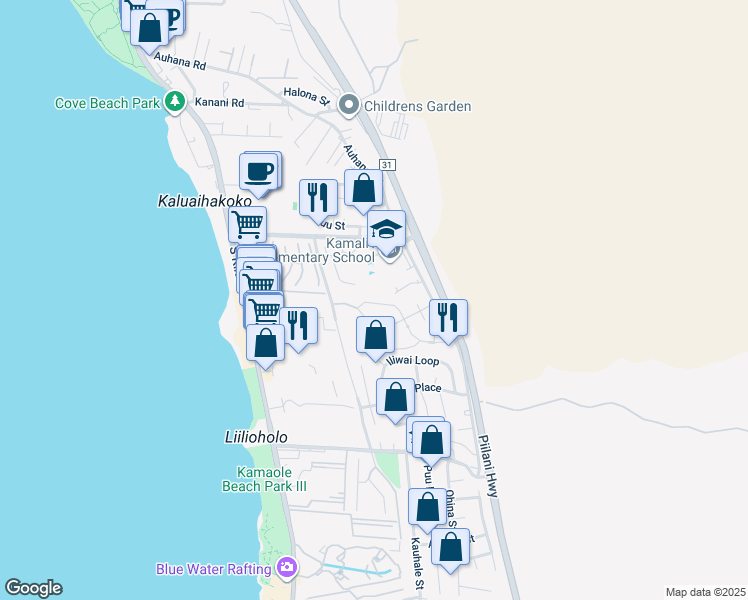 map of restaurants, bars, coffee shops, grocery stores, and more near 27 Laukahi Street in Kihei