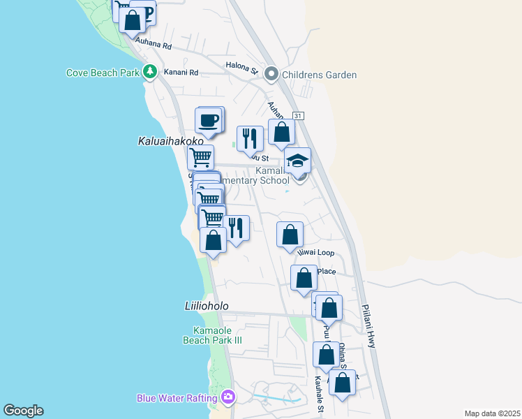 map of restaurants, bars, coffee shops, grocery stores, and more near 9 Moana Avenue in Kihei