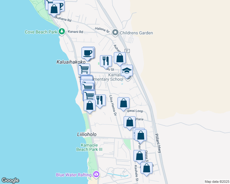 map of restaurants, bars, coffee shops, grocery stores, and more near 34 Moana Avenue in Kihei