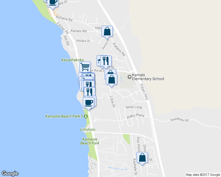 map of restaurants, bars, coffee shops, grocery stores, and more near 9 Moana Avenue in Kihei
