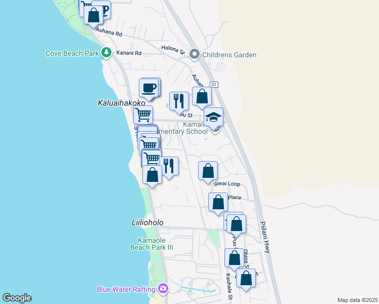 map of restaurants, bars, coffee shops, grocery stores, and more near 34 Moana Avenue in Kihei