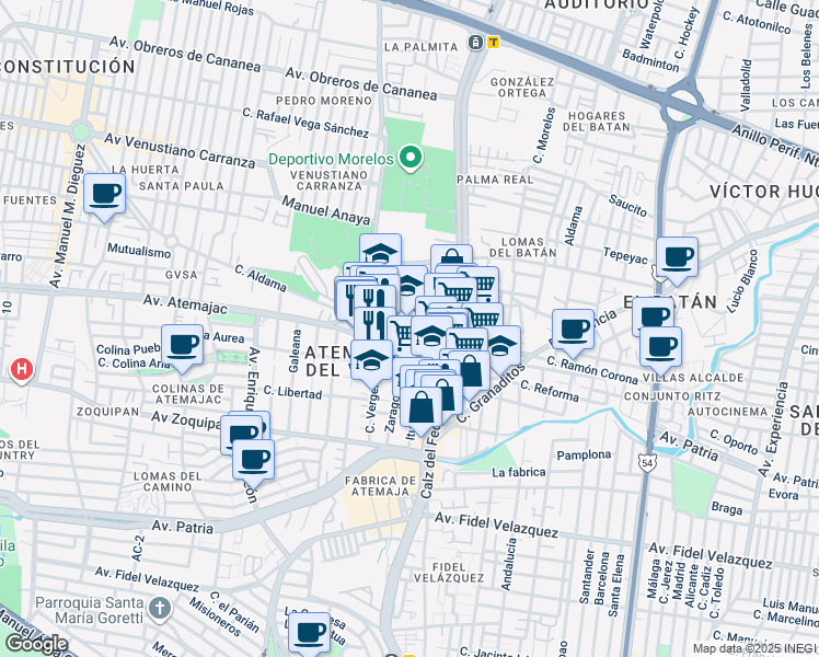 map of restaurants, bars, coffee shops, grocery stores, and more near Calle Ramón Corona in Zapopan