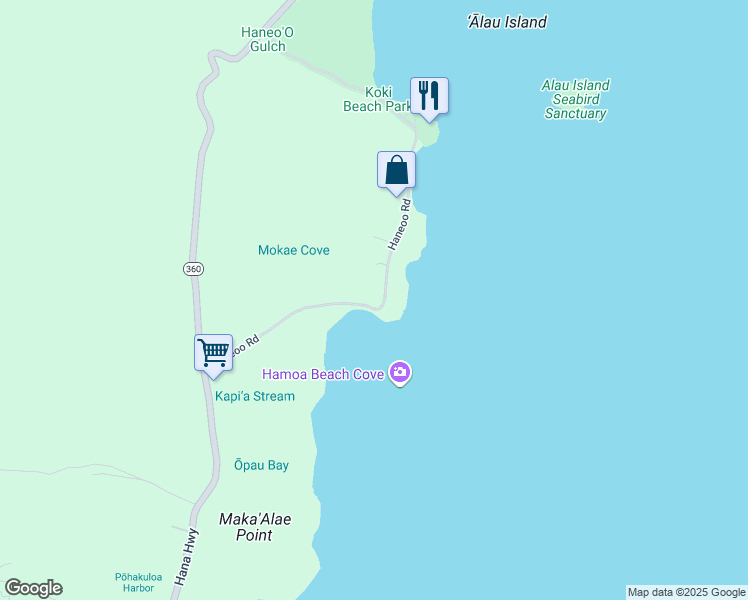 map of restaurants, bars, coffee shops, grocery stores, and more near 540 Haneoo Road in Hana