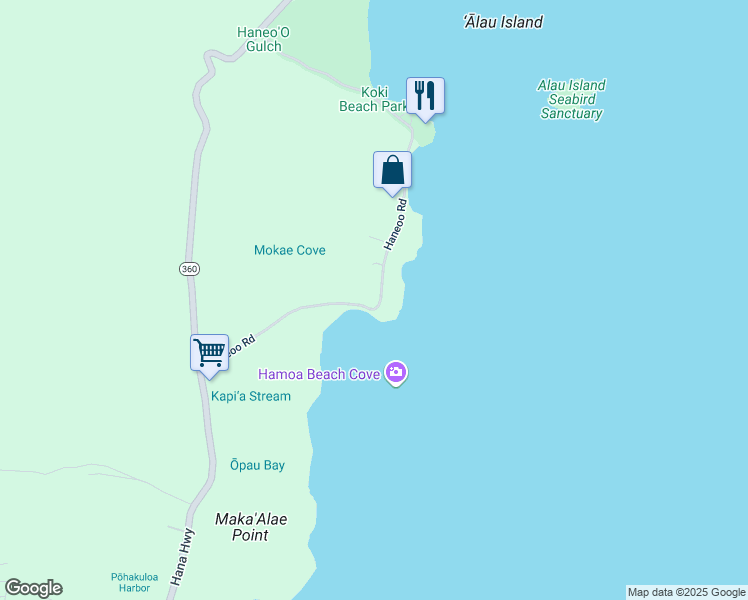 map of restaurants, bars, coffee shops, grocery stores, and more near 522 Haneoo Road in Hana