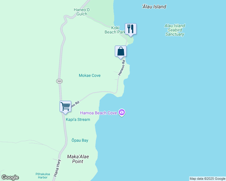 map of restaurants, bars, coffee shops, grocery stores, and more near 540 Haneoo Road in Hana
