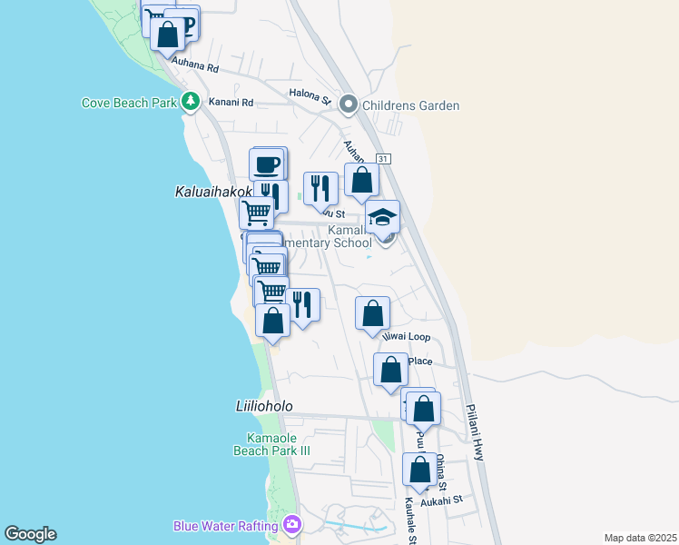 map of restaurants, bars, coffee shops, grocery stores, and more near 2376 Puu Mala Place in Kihei