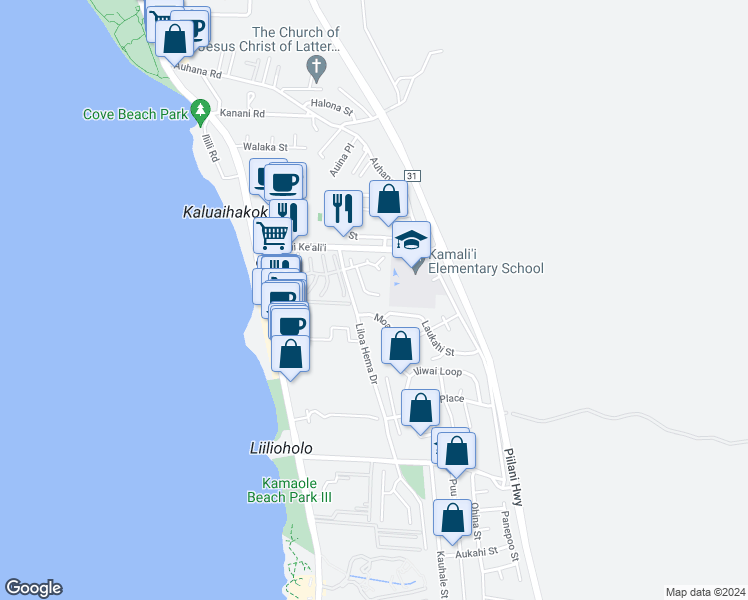 map of restaurants, bars, coffee shops, grocery stores, and more near 2388 Puu Mala Place in Kihei