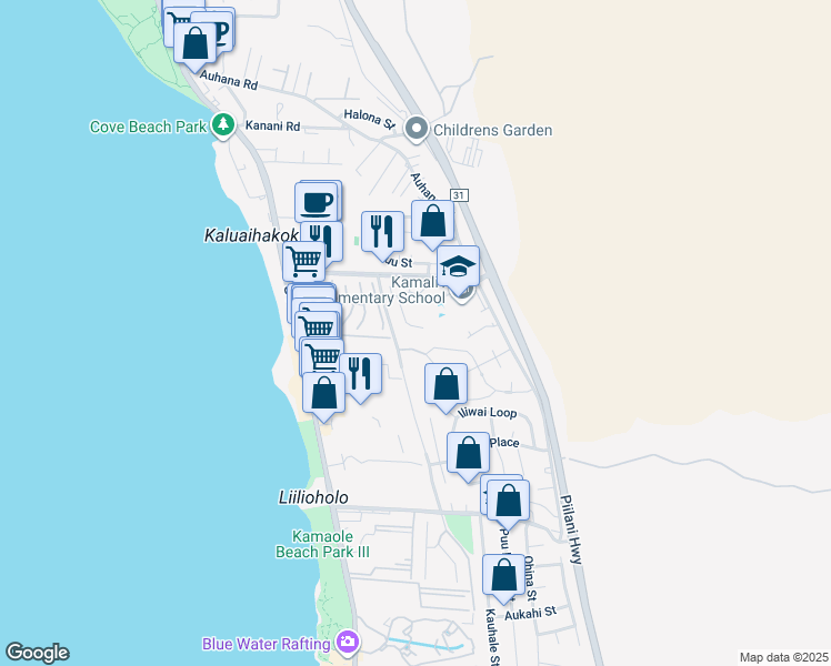 map of restaurants, bars, coffee shops, grocery stores, and more near 2388 Puu Mala Place in Kihei