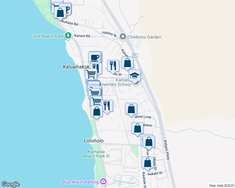 map of restaurants, bars, coffee shops, grocery stores, and more near 2366 Puu Mala Place in Kihei