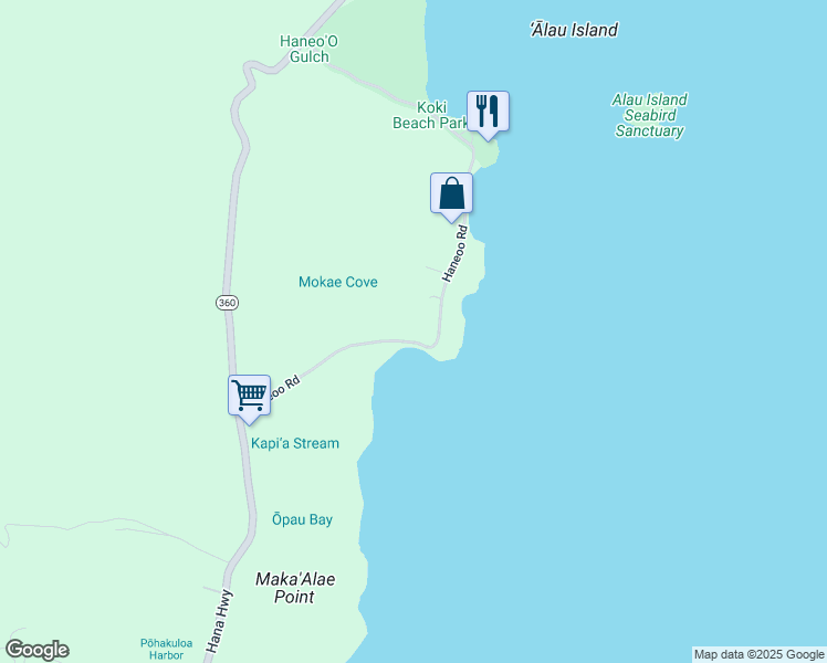 map of restaurants, bars, coffee shops, grocery stores, and more near 580 Haneoo Road in Hana