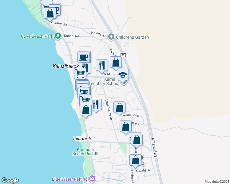 map of restaurants, bars, coffee shops, grocery stores, and more near 2401 Puu Mala Place in Kihei