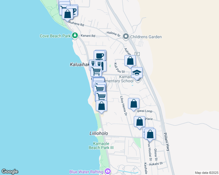 map of restaurants, bars, coffee shops, grocery stores, and more near 30 Kilolani Lane in Kihei
