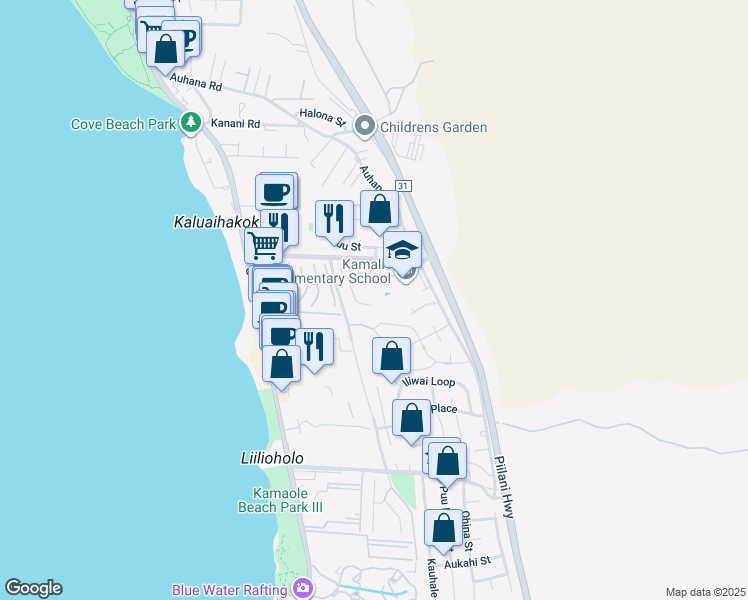 map of restaurants, bars, coffee shops, grocery stores, and more near 2397 Puu Mala Place in Kihei