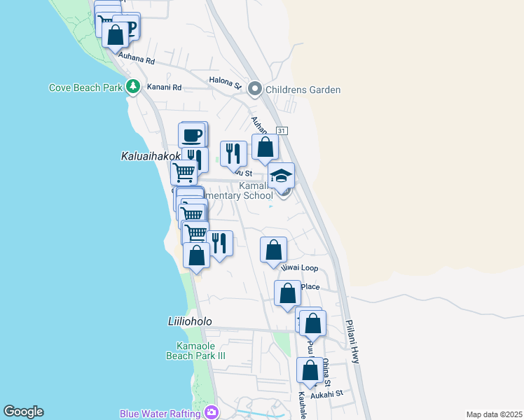 map of restaurants, bars, coffee shops, grocery stores, and more near 2397 Puu Mala Place in Kihei