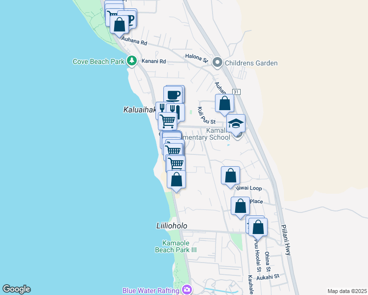 map of restaurants, bars, coffee shops, grocery stores, and more near 34 Hauwahine Lane in Kihei