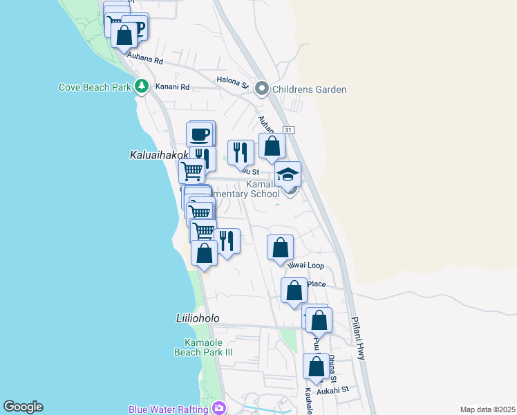 map of restaurants, bars, coffee shops, grocery stores, and more near 2377 Puu Mala Place in Kihei
