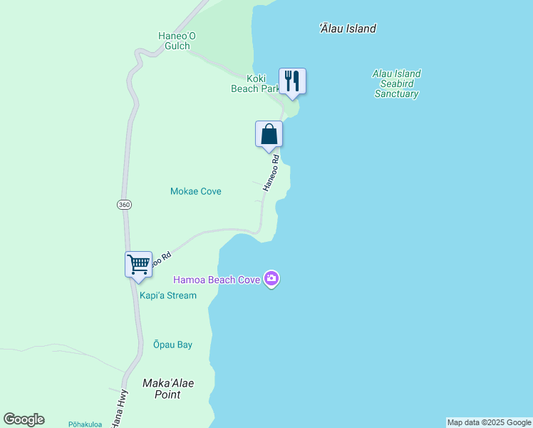 map of restaurants, bars, coffee shops, grocery stores, and more near 495 Haneoo Road in Hana