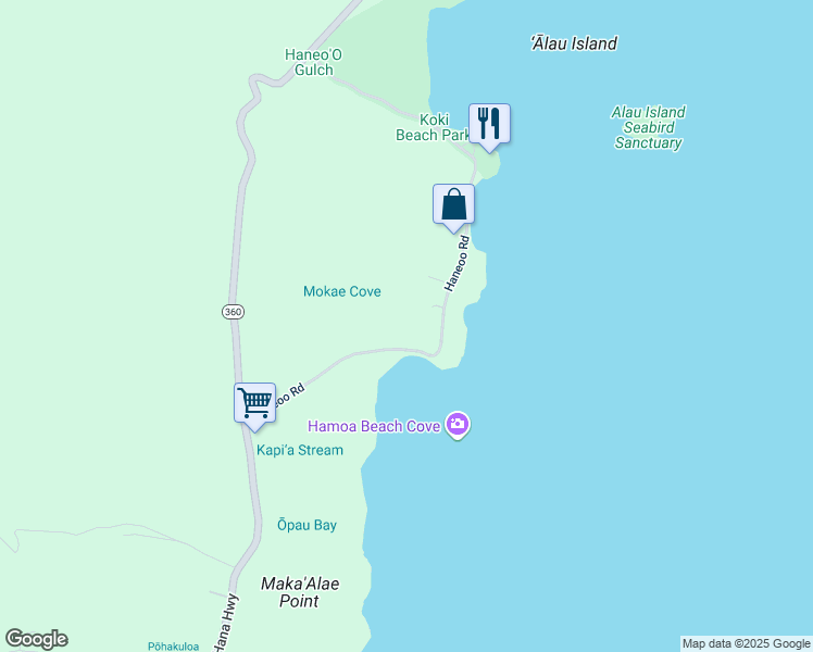 map of restaurants, bars, coffee shops, grocery stores, and more near 600 Haneoo Road in Hana