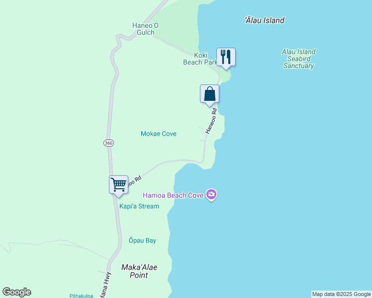 map of restaurants, bars, coffee shops, grocery stores, and more near 600 Haneoo Road in Hana