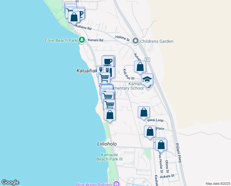 map of restaurants, bars, coffee shops, grocery stores, and more near 28 Hauwahine Lane in Kihei