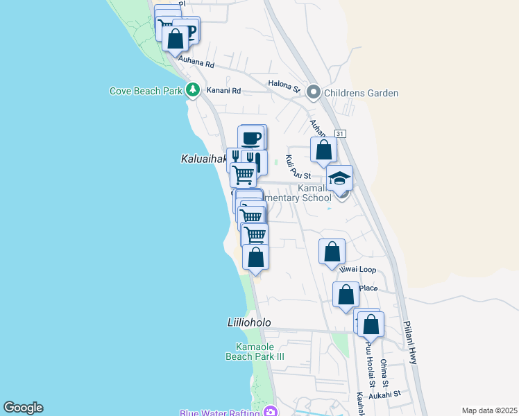 map of restaurants, bars, coffee shops, grocery stores, and more near 22 Pahoe Lane in Kihei