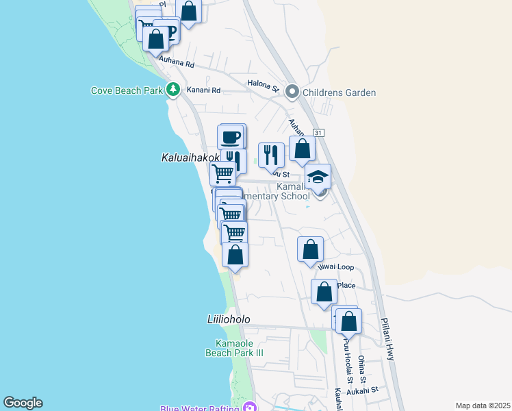 map of restaurants, bars, coffee shops, grocery stores, and more near 24 Kilolani Lane in Kihei