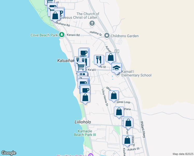map of restaurants, bars, coffee shops, grocery stores, and more near 20 Lolupe Lane in Kihei