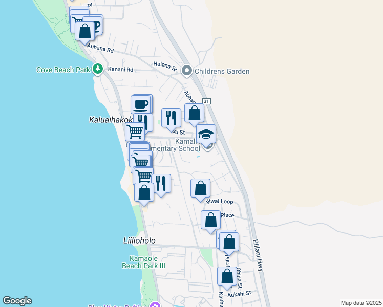 map of restaurants, bars, coffee shops, grocery stores, and more near 184 Walua Place in Kihei