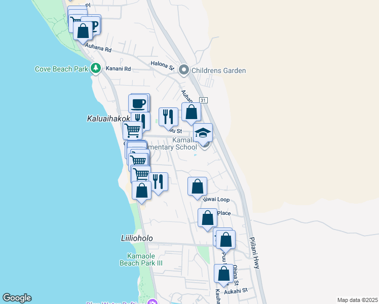 map of restaurants, bars, coffee shops, grocery stores, and more near 184 Walua Place in Kihei
