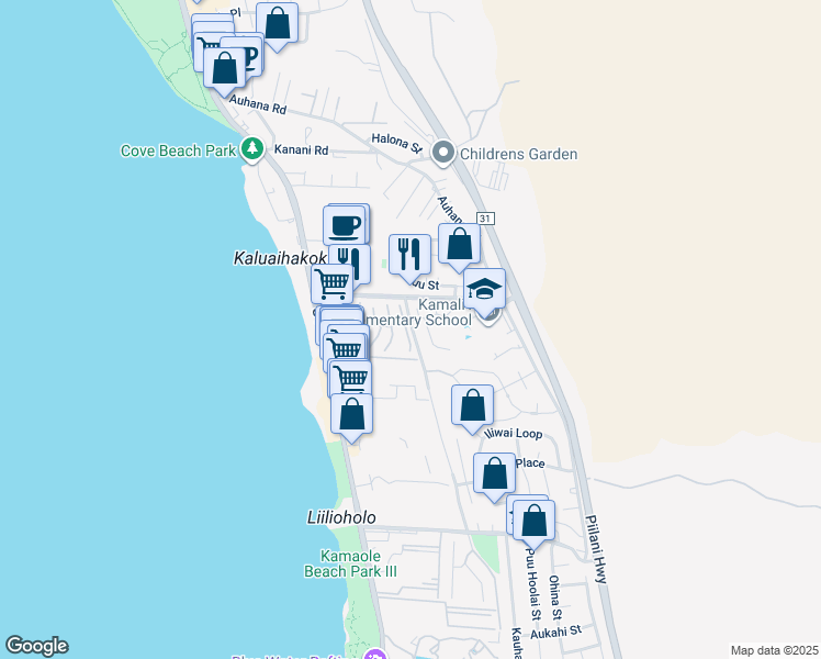 map of restaurants, bars, coffee shops, grocery stores, and more near 20 Lolupe Lane in Kihei