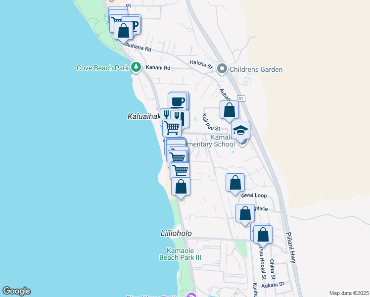 map of restaurants, bars, coffee shops, grocery stores, and more near 22 Pahoe Lane in Kihei