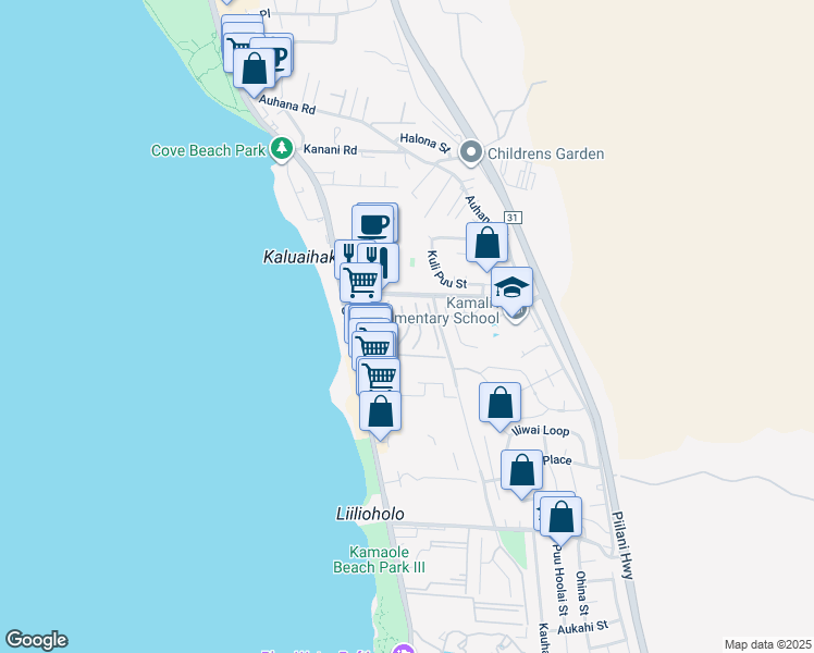 map of restaurants, bars, coffee shops, grocery stores, and more near 18 Upena Lane in Kihei
