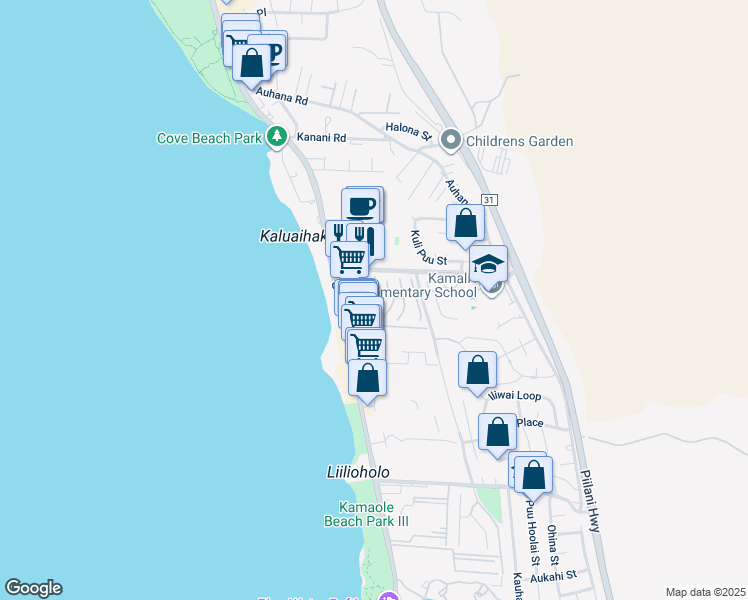 map of restaurants, bars, coffee shops, grocery stores, and more near 22 Pahoe Lane in Kihei