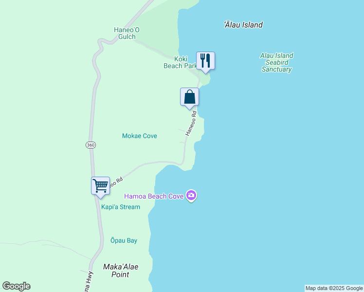 map of restaurants, bars, coffee shops, grocery stores, and more near 484 Haneoo Road in Hana