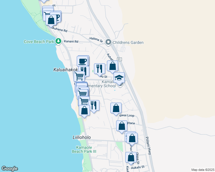 map of restaurants, bars, coffee shops, grocery stores, and more near 144 Walua Place in Kihei