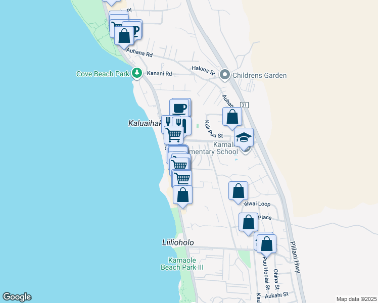 map of restaurants, bars, coffee shops, grocery stores, and more near 18 Upena Lane in Kihei