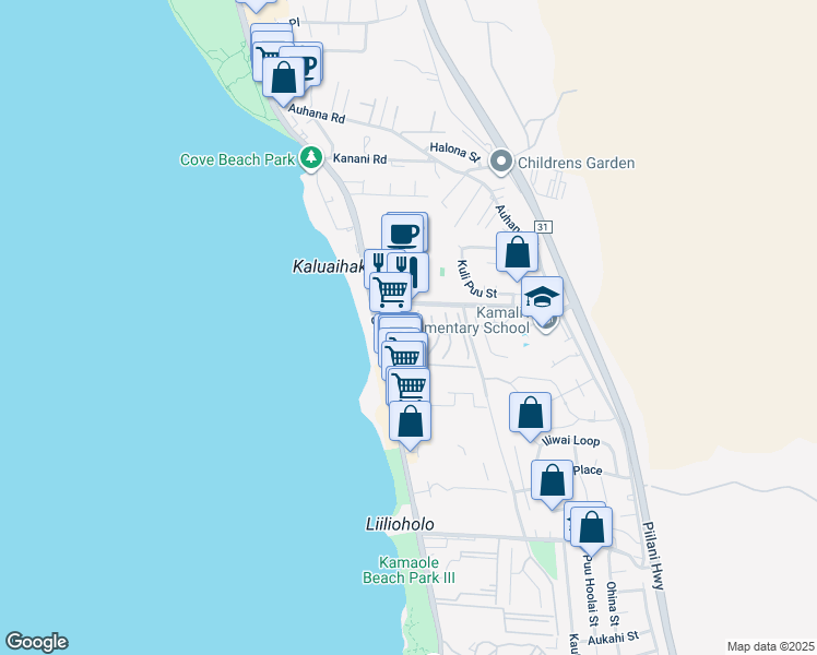 map of restaurants, bars, coffee shops, grocery stores, and more near 14 Leanihi Lane in Kihei