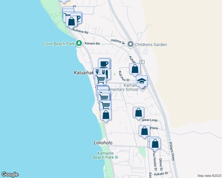 map of restaurants, bars, coffee shops, grocery stores, and more near 23 Upena Lane in Kihei