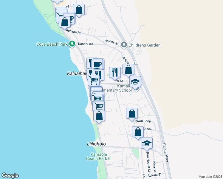map of restaurants, bars, coffee shops, grocery stores, and more near 12 Lolupe Lane in Kihei