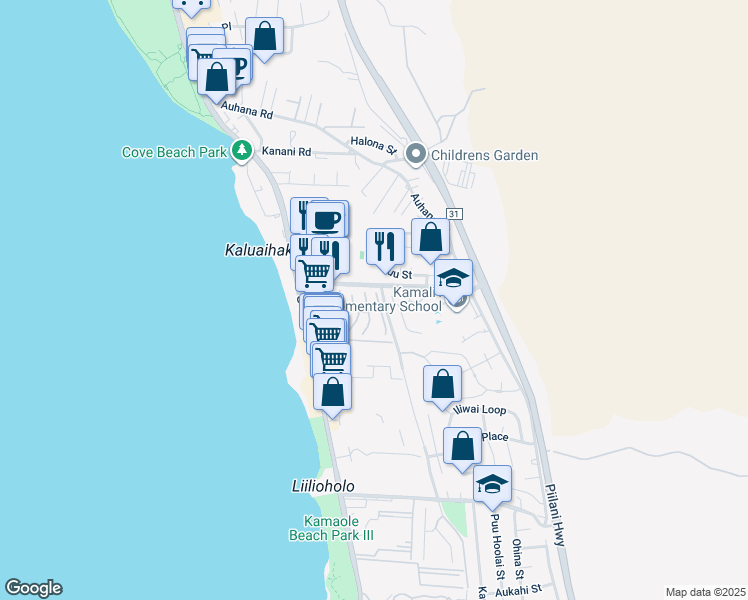 map of restaurants, bars, coffee shops, grocery stores, and more near 12 Lolupe Lane in Kihei